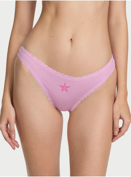 Cotton Pointelle Lace-Waist Thong