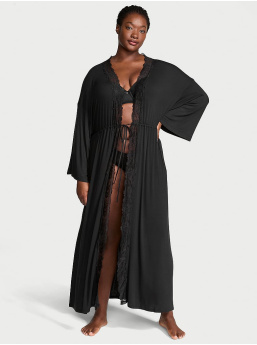 Ribbed Modal Lace-Trim Long Robe