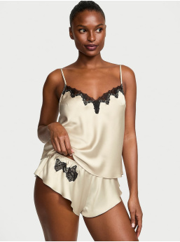 Satin Rose Lace-Trim Cami & Flutter Short Set