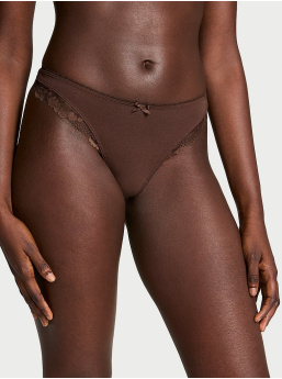 Body By Victoria Stretch Cotton Lace-Trim High-Leg Scoop Thong Panty