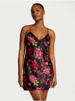 Satin Rose Lace-Trim Mini Slip Dress
