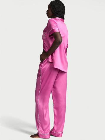 Glazed Satin Short-Sleeve Long Pajama Set