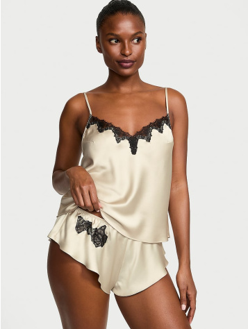 Satin Rose Lace-Trim Cami & Flutter Short Set